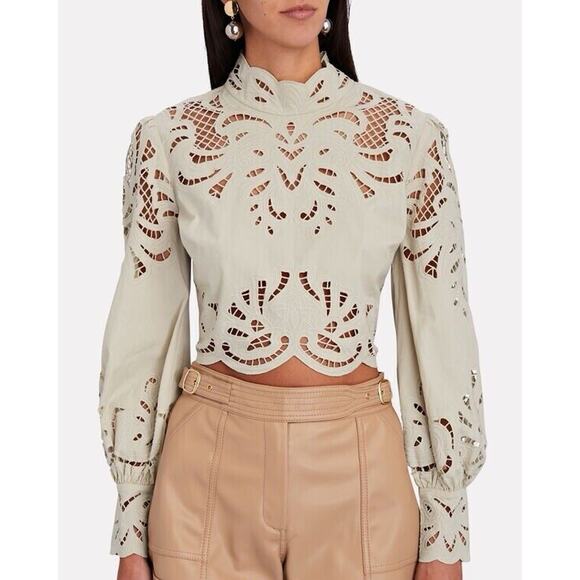 INTERMIX Jasmine Organic Cotton Detailed Lace Zip Up Back Fitted Cuff Blouse 6 - Picture 1 of 12